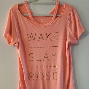 *Wake Slay Rose` coral top with gold lettering*